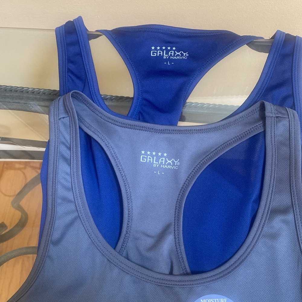 Galaxy set is 2, Blue + Grey women's L racer back athletic tank tops $56 - Picture 5 of 8